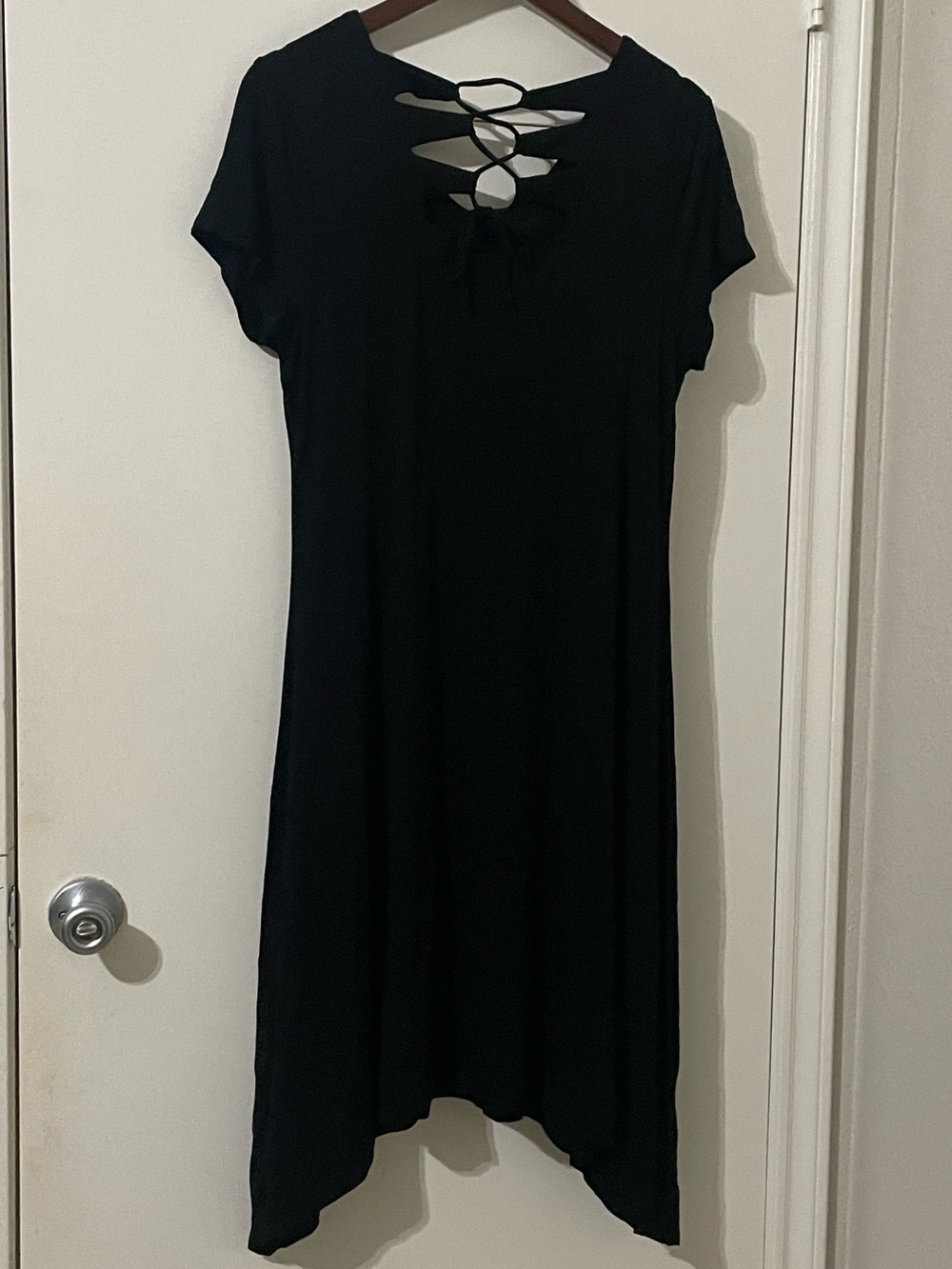 Chico’s Black Lattice Back Asymmetrical Hem Dress Size 2 (US L / 12)